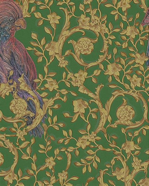 Barocco Birds Print Wallpaper Green 